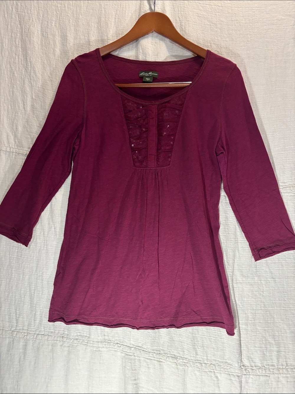 Eddie Bauer Plum Long Sleeve Scoop Neck Top with Lace-front Panel 100% Cotton
